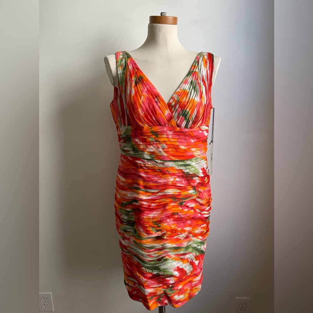 NWT Monique Lhuillier Silk Midi Dress Floral Orange Multicolor Pleated Size 12